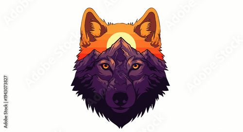 Dynamic illustration of a proud wolf combining its silhouette with a breathtaking mountain range and a radiant setting sun, embodying wild independence and natural grandeur