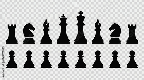 Vector chess silhouettes icons set board pieces king queen rook bishop knight pawn strategy logos tournament club branding educational design modular black white illustration collection