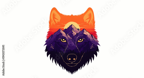 Mystical Wolf Head Silhouette Fused With Majestic Mountain Sunset Landscape