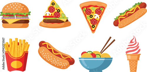 Fast food vector icon set featuring hamburger, pizza slice, hot dog, french fries, ramen noodles bowl and ice cream dessert flat illustration
