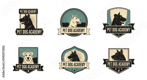 Collection of dog academy logo designs featuring various dog breeds.