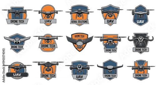 Collection of Drone Emblems and Logos with Varied Designs.