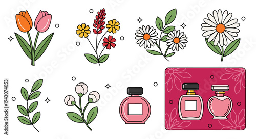 A vibrant collection of floral illustrations and perfume bottles in a modern flat style, perfect for beauty and nature themes