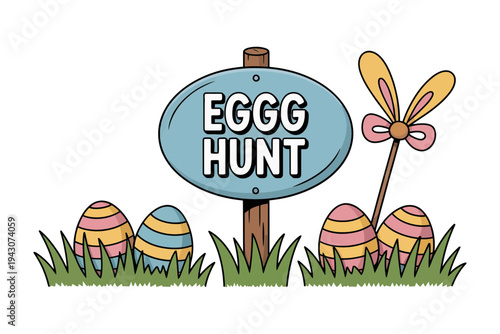 Easter egg hunt illustration with colorful eggs and sign