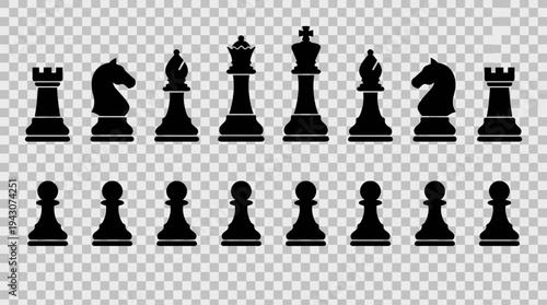 Vector chess silhouettes icons set board pieces king queen rook bishop knight pawn strategy logos tournament club branding educational design modular black white illustration collection