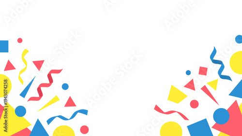 Colorful party confetti and geometric shapes exploding on a white background with copy space.