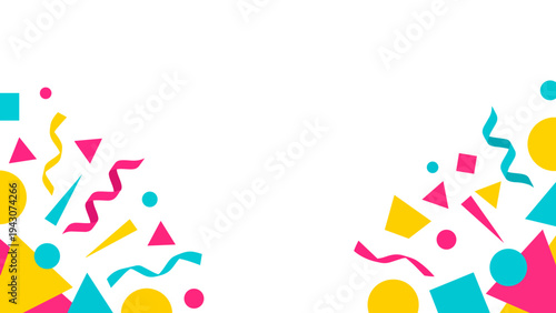 Colorful party confetti and geometric shapes exploding on a white background with copy space.
