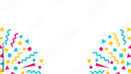 Colorful party confetti and geometric shapes exploding on a white background with copy space.