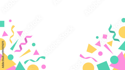Colorful party confetti and geometric shapes exploding on a white background with copy space.