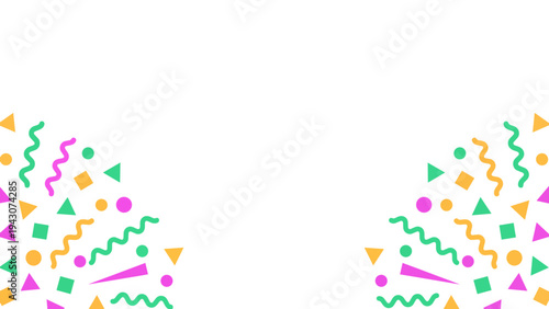 Colorful party confetti and geometric shapes exploding on a white background with copy space.