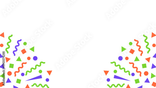 Colorful party confetti and geometric shapes exploding on a white background with copy space.