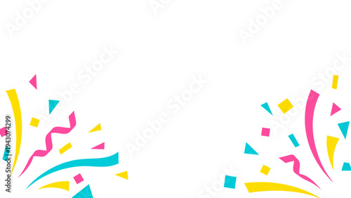 Colorful party confetti and geometric shapes exploding on a white background with copy space.
