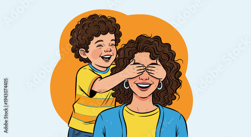 A joyful illustration of a child playfully covering a woman's eyes, featuring a colorful, cartoonish style, ideal for family themes