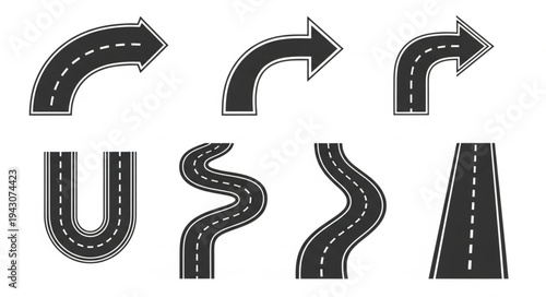 Road Direction Icons - Arrow, Curve, Straight, and U-Turn.
