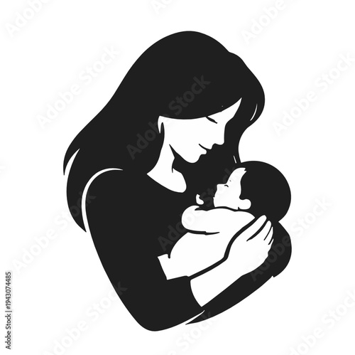 Elegant black silhouette of a mother gently holding a sleeping newborn, expressing maternal tenderness, protection, intimacy and calm family love in minimalist vector form.