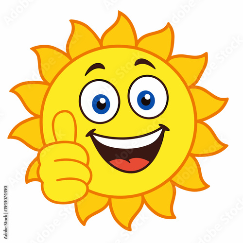 Cute smiling sun mascot gives a thumbs up with bright rays and expressive eyes. Friendly weather character symbolizes summer, positivity, warmth, sunshine and cheerful energy.