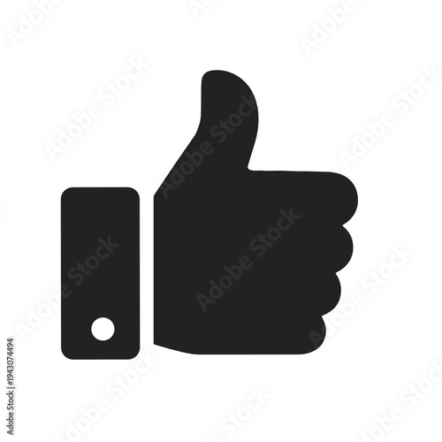 Solid black thumbs up hand icon isolated on white background. Simple flat vector symbol for approval, recommendation, rating, positive feedback, agreement and social media engagement.