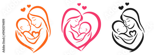 Three mother and child line logos in orange, pink and black on a dark background. Modern maternity vector set for branding, prenatal services, parenting apps and family care identities.