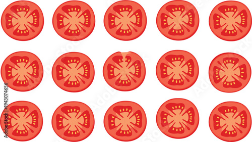 Fresh tomato slice pattern set with multiple red tomato cross section pieces, healthy vegetable food ingredient vector illustration collection for kitchen and cooking design
