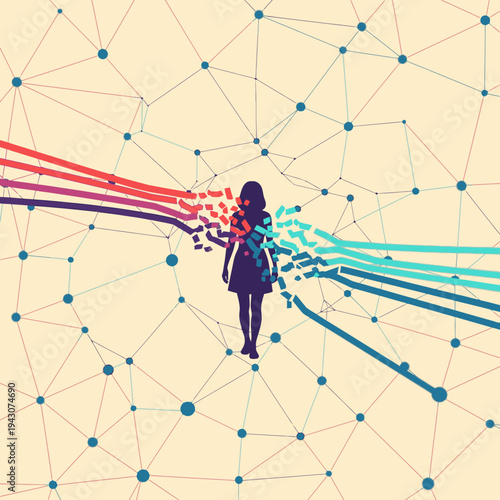 Abstract illustration of a person's silhouette within a digital network, representing data flow, connectivity, and personal transformation in the modern age.