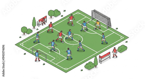 Isometric Soccer Field with Players.