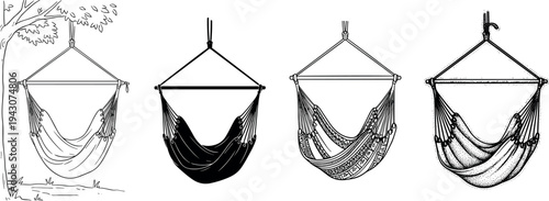 Hanging hammock silhouette collection, garden swing chair icons, outdoor relaxation furniture, travel camping equipment, summer vacation leisure vector line art, designs.