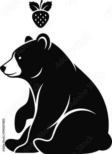 Black and white silhouette of a sitting grizzly bear with a strawberry icon above its head, simple wildlife animal illustration