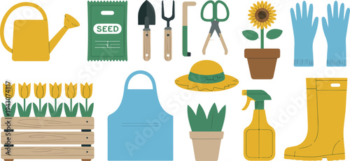 Spring gardening tools and planting equipment collection with watering can, seeds, gloves, pots, hat and garden accessories flat vector set