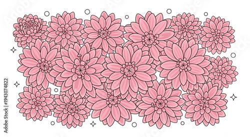 A vibrant collection of pink flowers arranged in a floral pattern, featuring a modern and minimalist style