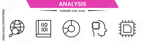 Analysis icons depicting data evaluation, charts, graphs, statistics, insights, trends, reports, metrics, research, assessment, monitoring, performance, strategy, decision-making, and review.

