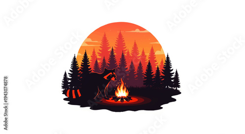 Cozy campfire in a pine forest with a wolf silhouette under a vibrant sunset, evoking a sense of adventure and wilderness tranquility