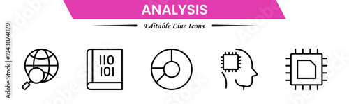 Analysis icons depicting data evaluation, charts, graphs, statistics, insights, trends, reports, metrics, research, assessment, monitoring, performance, strategy, decision-making, and review.
