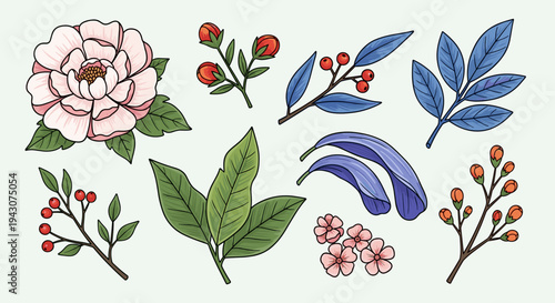 A vibrant collection of hand-drawn floral elements featuring flowers, leaves, and berries in a modern style