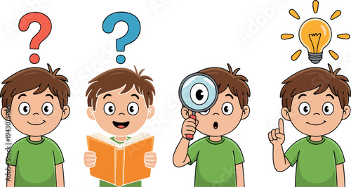Cute little boy thinking reading book looking through magnifying glass and getting bright idea cartoon character vector illustration set