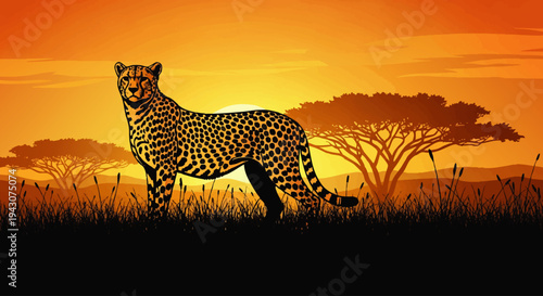 An elegant cheetah stands in an African savanna at sunset, silhouetted by acacia trees against a vibrant sky, symbolizing speed and untamed beauty