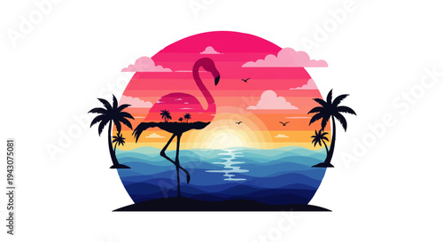 Vibrant illustration of a graceful pink flamingo at a stunning tropical sunset, wading in the ocean between elegant palm tree silhouettes, embodying summer and exotic travel tranquility