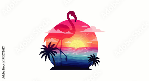 Vibrant Tropical Paradise Sunset Illustration with Elegant Flamingo Silhouette, Swaying Palm Trees, and Serene Ocean Views for a Relaxing Escape