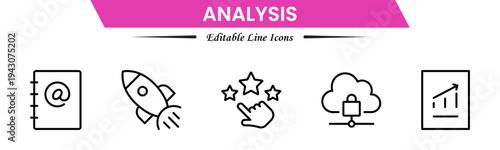 Analysis icons depicting data evaluation, charts, graphs, statistics, insights, trends, reports, metrics, research, assessment, monitoring, performance, strategy, decision-making, and review.
