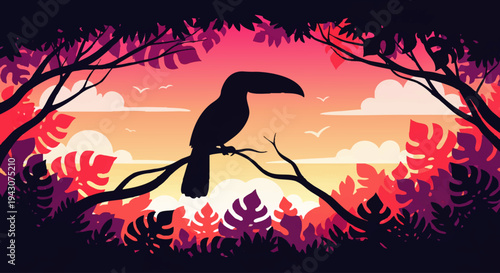 Vibrant tropical sunset with toucan silhouette perched on a branch amidst exotic jungle foliage, showcasing a beautiful evening landscape and wildlife scene