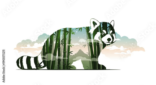 Captivating red panda illustration, its unique form filled with a tranquil bamboo forest, misty mountains, and soft clouds, embodying wildlife and natural serenity