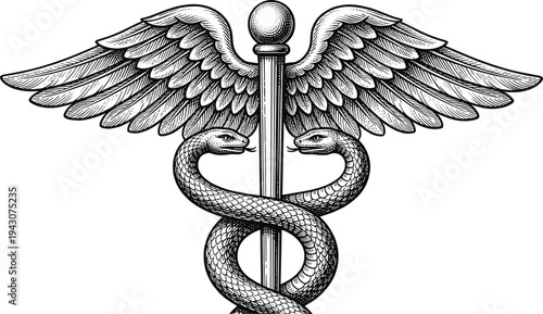 Caduceus medical symbol with wings and intertwined snakes, vintage engraving style healthcare emblem, medicine staff illustration isolated