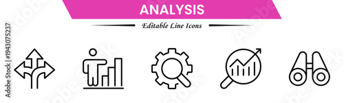 Analysis icons depicting data evaluation, charts, graphs, statistics, insights, trends, reports, metrics, research, assessment, monitoring, performance, strategy, decision-making, and review.
