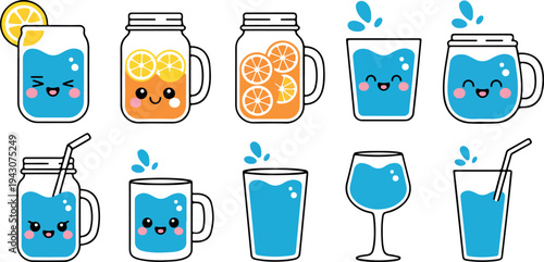 Cute kids water and citrus drink bottles and glasses collection for hydration summer refreshment cartoon flat vector illustration set
