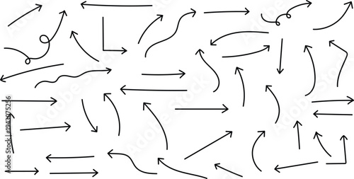 A collection of black arrows pointing in various directions on a white background