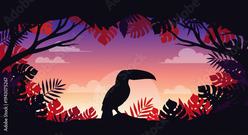 Exotic toucan silhouette perched amidst vibrant tropical foliage, framed by jungle leaves against a breathtaking gradient sunset sky, evoking a serene natural habitat scene