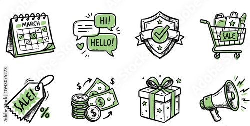 Hand drawn business and marketing doodle icon set featuring sale tag, shopping cart, calendar, chat message, security shield, money, gift box and megaphone