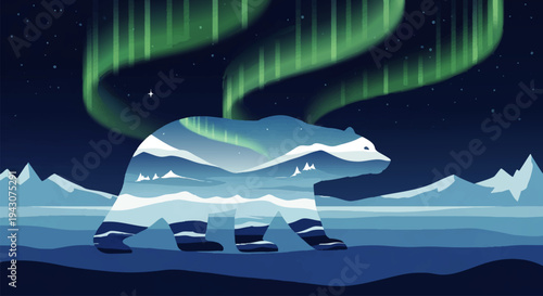 Majestic polar bear silhouette with a vibrant aurora borealis and a serene mountain landscape reflecting within its form under a starry night sky, symbolizing nature's beauty