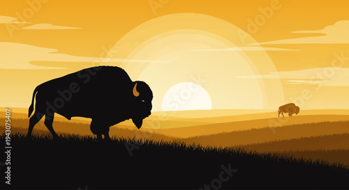 Silhouette of a majestic bison grazing in a sun-drenched field, embodying the spirit of the American plains and wilderness