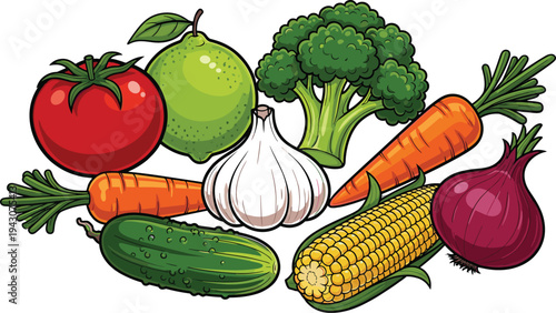 Fresh vegetable icon set featuring tomato, broccoli, carrot, garlic, cucumber, corn, onion and green apple healthy organic food vector illustration