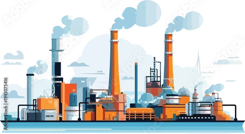 Large industrial factory complex with smokestacks, vector illustration, Industrial plant landscape with smoking chimneys and production infrastructure, Vector illustration of a large industrial zone w